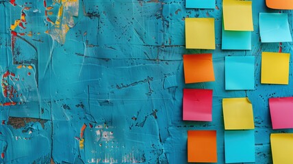 Colorful sticky notes on a blue textured background with paint splashes
