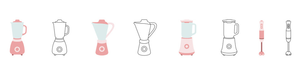 Blender vector icon set. Kitchen blender logo vector. Blender outline linear icon. Mixer concept icon. Cocktails and mousses concept vector. Vector illustration.