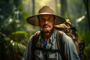 Fototapeta premium Mature Male Hiker Exploring Rainforest, Wearing Hat and Backpack