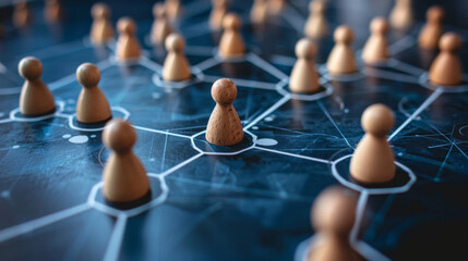 Network of Wooden Pawns on Blue Circuit Board Background
