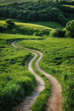 Scenic Path Through Countryside Fields, road adventure, path to discovery, holliday trip, Aerial view