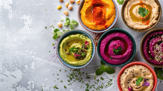 Colorful assortment of hummus dips on a grey textured background
