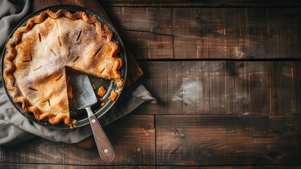 Freshly baked apple pie on a wooden table with one slice being lifted