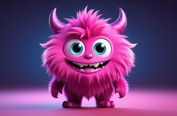 Fototapeta premium Cute pink or violet furry monster 3D cartoon character