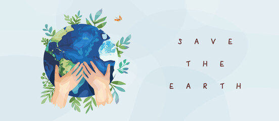 Happy earth day. Environment protection. Save the earth. Vector illustration on the theme of ecology, climate change and global warming. Drawing of hands holding earth for poster or banner