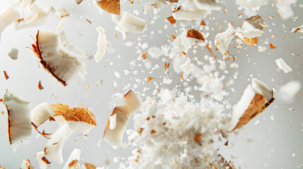 Splash of floating pieces of broken coconut. Coconut in motion. Light aesthetic background. Food concept. Generative AI