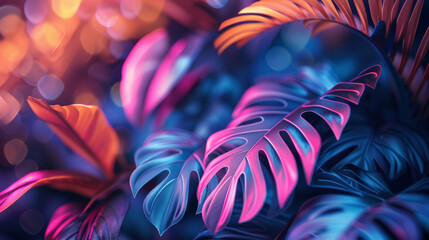 Abstract neon backdrop with tropical leaves of palm, monstera in violet, orange, purple colors