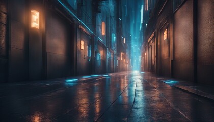 In the futuristic city alley, square windows glow amidst blue ambient light, casting an ethereal...
