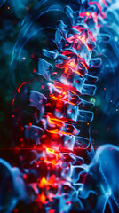 Abstract blue x-ray photograph of back and neck pain, pain glows red. Trauma concept. Medical checkup. Generative AI - obrazy, fototapety, plakaty
