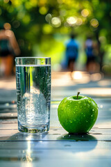 Close-up of a green apple and a glass of fresh water and a blurred group of people exercising in the background
