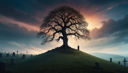 An ancient tree stands vigil over a serene graveyard at sunset, casting long shadows while a lone figure contemplates the scene.. AI Generation - obrazy, fototapety, plakaty
