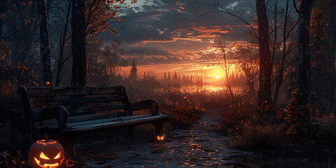 A spooky forest sunset with a haunted evil glowing eyes of Jack O' Lanterns on the left of a wooden bench on a scary halloween night.. generative ai  - obrazy, fototapety, plakaty