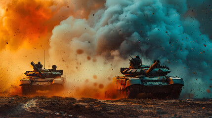 Two Military Tanks Engaged in a Simulated Battlefield at Dusk