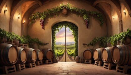 A serene wine cellar opens up to a lush vineyard, barrels line the walls, and grapevines frame the...