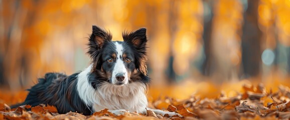 Adult Border collie dog lying at autumn park looks at camera. Empty space for text