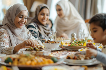 Muslim family enjoying Iftar meal together during Ramadan