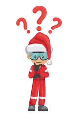 Industrial mechanic worker with Santa Claus hat pensive and expressing doubt with question sign for FAQ concept. Merry christmas.  Industrial safety and occupational health at work