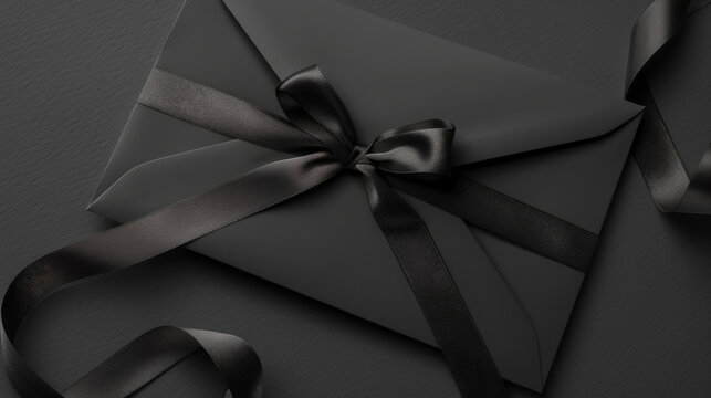 Aesthetic elegant black envelope invitation with ribbon for gala event. Greeting concept. Copy space. Generative AI