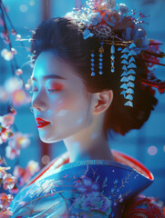 Fotografía de fantasía con un retrato realista de una geisha en kimono azul