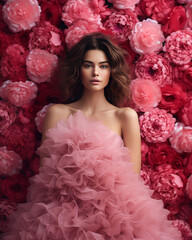 Fashion and beauty background of a woman dressed in a dress of roses 