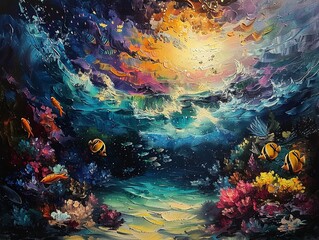 Obraz na płótnie Canvas Surrealistic ocean painting, marine fish in a dreamlike realm, imaginary aquatic scene, vivid and enchanting