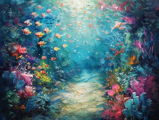 Painting of a surreal ocean, marine fish in dreamlike settings, imaginary and ethereal underwater composition