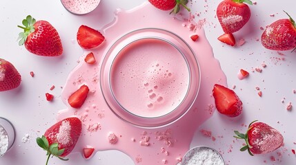 Product photography, strawberry milk surrounded by milk powder cans, clean white background, natural bright, rich light, centred composition, Canon camera, epic detail, high precision, ultra high defi - obrazy, fototapety, plakaty