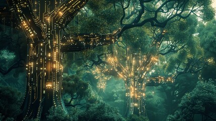 A surreal forest where trees are made of circuit boards and grow glowing data fruits