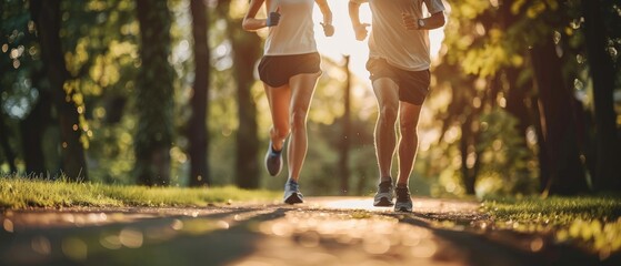 closeup training two people running in the forest 