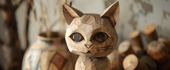 A wooden kitty cat model