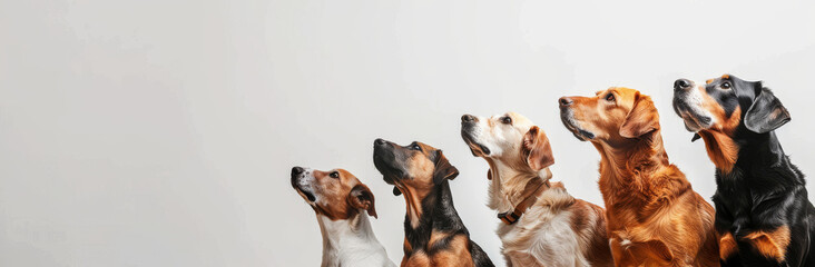 Diverse Group of Attentive Dogs on White Background - obrazy, fototapety, plakaty