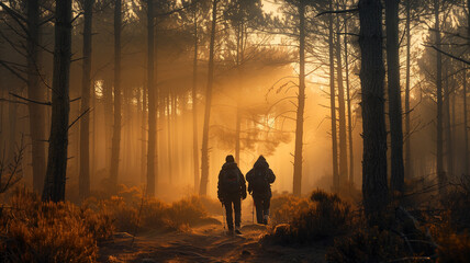 a group of tourists in a pine forest at sunset. tracking in the pine forest by a men's company