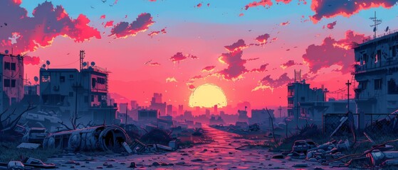 illustration of a dystopian landscape with crumbling buildings - obrazy, fototapety, plakaty