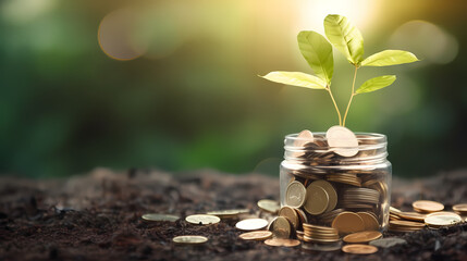 Financial savings concept, plant growing from coins - obrazy, fototapety, plakaty
