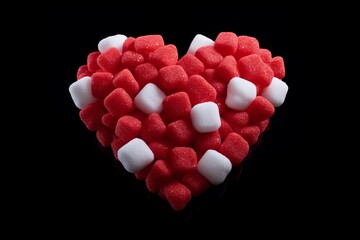Heart sculpted from sugar grains amidst cubes, caution against excessive sugar intake