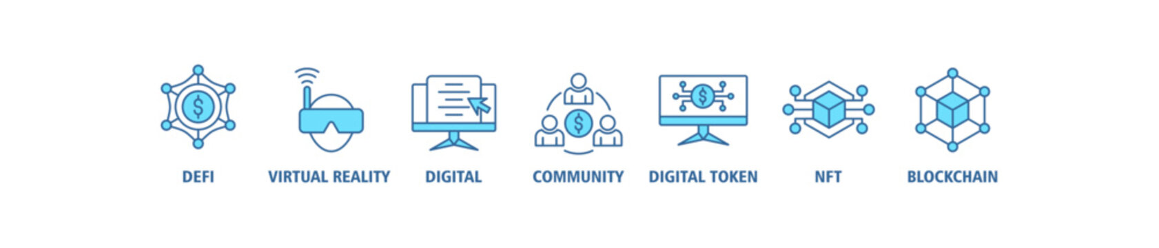 Metaverse banner web icon vector illustration concept with icon of defi, virtual reality, digital asset, community, digital token, nft, blockchain and ecosystem