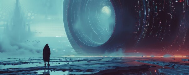 Futuristic sci-fi scene with lone figure and spaceship