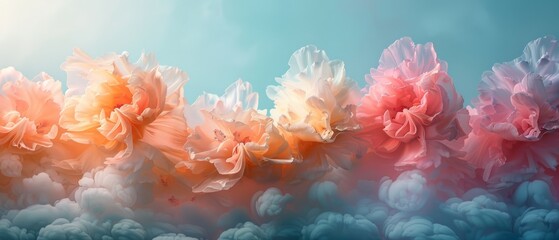 A serene composition where soft pastel florals blend into cloud-like formations, offering a dreamlike and airy visual experience. - obrazy, fototapety, plakaty