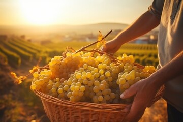 Harvesting ripe grapes at sunrise. farmers hands working in the golden morning glow
