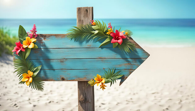 Beautiful beach sign with flowers with copy space