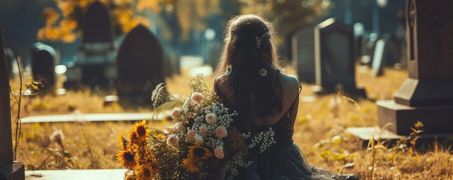 Woman holding flowers in front of a grave