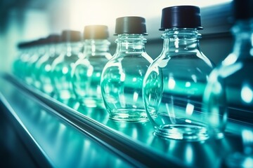 Plastic water bottles on conveyor belt at modern beverage production line in factory setting