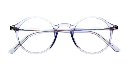 A pair of clear glasses resting on a white background