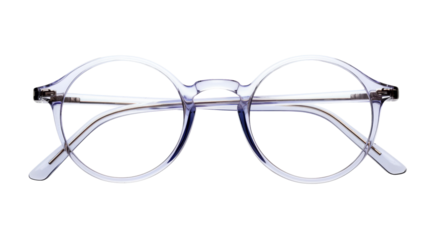 A pair of clear glasses resting on a white background