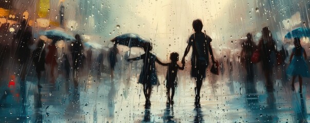 Children walking in rain holding hands