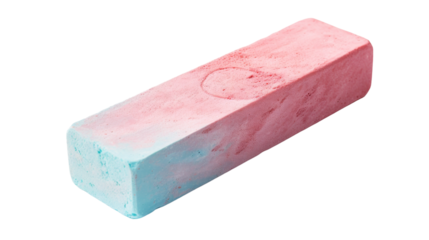A pink and blue block of soap elegantly sits on a white background