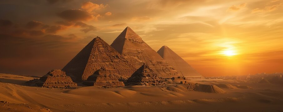 Ancient Egyptian pyramids at sunset