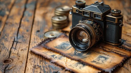 Vintage Camera and Film Rolls: Ideal for photography-related themes.  - obrazy, fototapety, plakaty