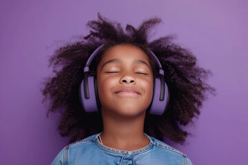 A joyful African American girl swaying to music with eyes closed, wearing headphones on a purple...
