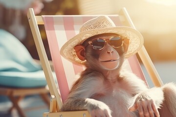 Cute monkey in sunglasses and hat on beach chair enjoying cocktail, tropical vacation concept